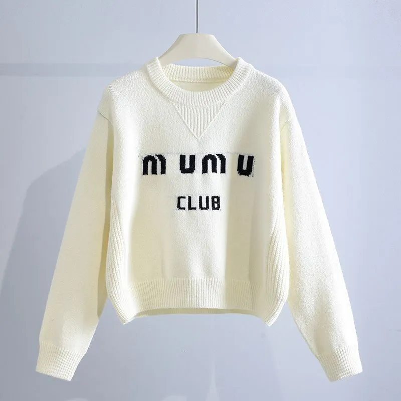 MIU Designer Bayan Sweater Jumper Jacquard Desen Örgü Klasik Mektup Örgü Sonbahar Kış Sıcak Jumpers Tasarım Kazanma Örgü Sweaters Üstleri