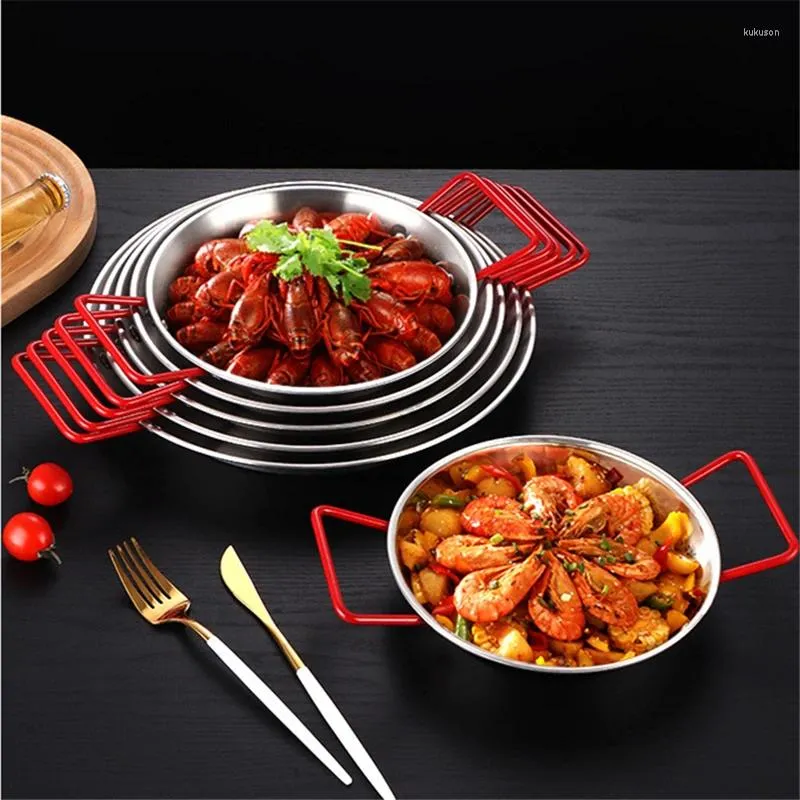 Casseroles 18/24 / 32cm Double oreille Espagnol Paella Plaque en acier inoxydable Fruits de mer Plateau de homard antiadhésif Friture Cuisine Cuisson Pots de nourriture