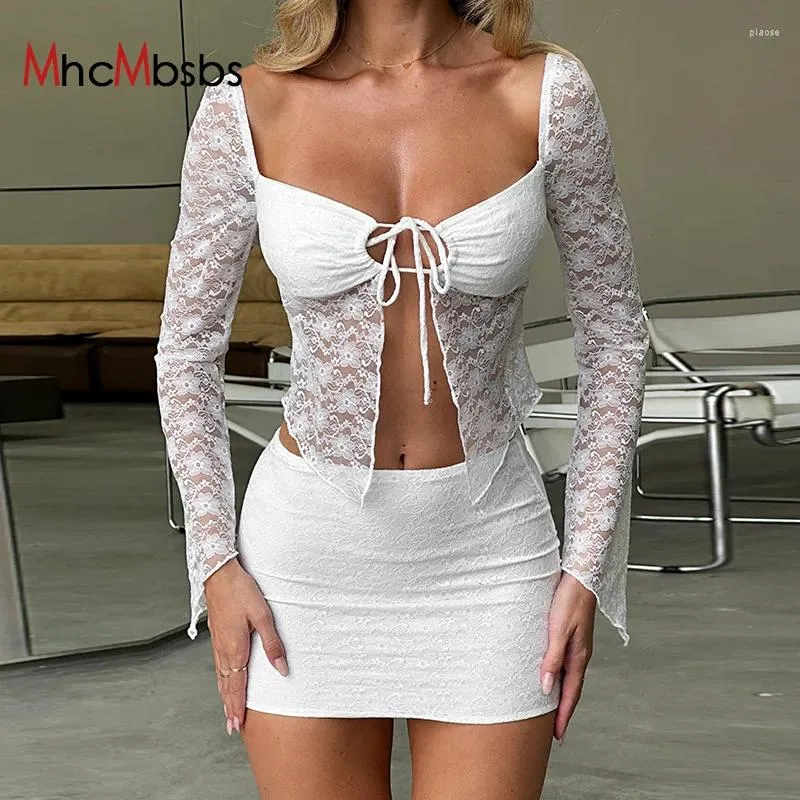 Work Dresses Women Skirt Outfits Chic Sexy Lace Low-Cut Tie-Up Front Long Sleeve Ruffle Crop Top Mini Casual 2 Pieces Clothes Set