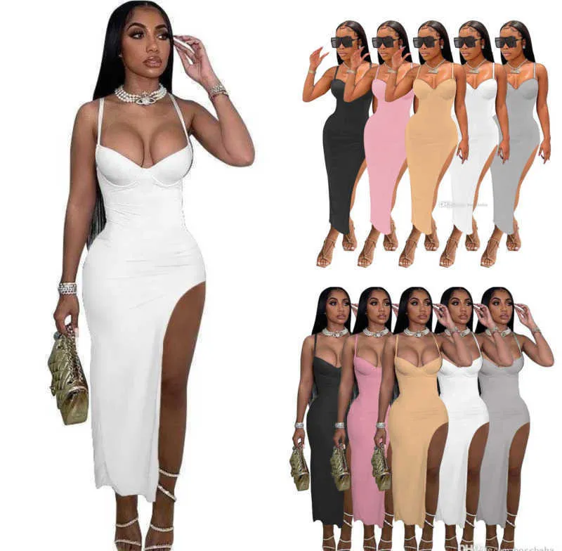 Vente en gros Designer Femmes Robes Longues Robe Sexy Jarretelles Coupe Basse Dos Ouvert Split Hip Wrap Robe Mince Moulante Crayon Jupe Clubwear 5 Couleurs