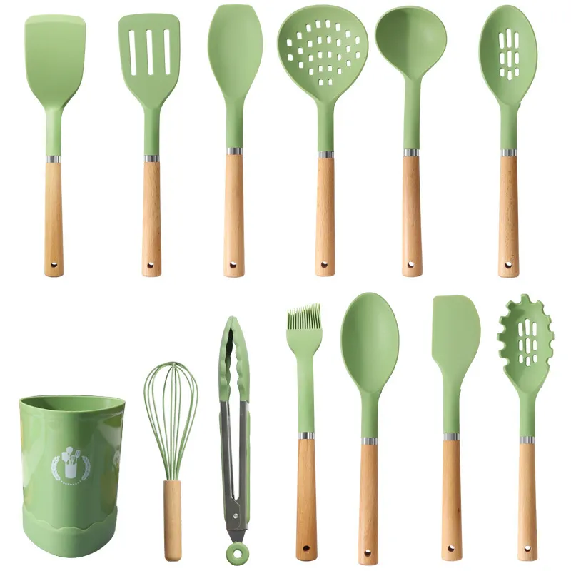 Nouveaux ustensiles de cuisine 13 pièces ensemble d'ustensiles de cuisine en silicone résistant à la chaleur antiadhésif grattoir spatule cuillère écumoire louche outils de cuisson avec support