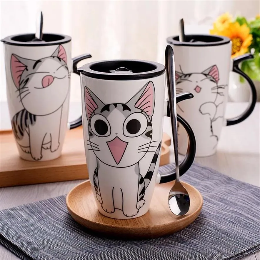Nueva taza de cerámica creativa de gato de 600ml con tapa y cuchara, taza de té de café con leche de dibujos animados, tazas de porcelana, bonitos regalos 319W