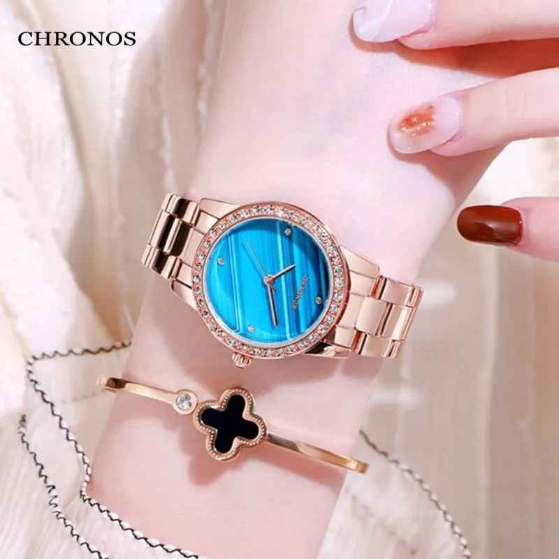 Orologi da polso CHRONOS Orologio al quarzo da donna Movimento giapponese pieno di strass Quadrante blu mare Bracciale in acciaio Orologio da polso da donna alla moda CH35