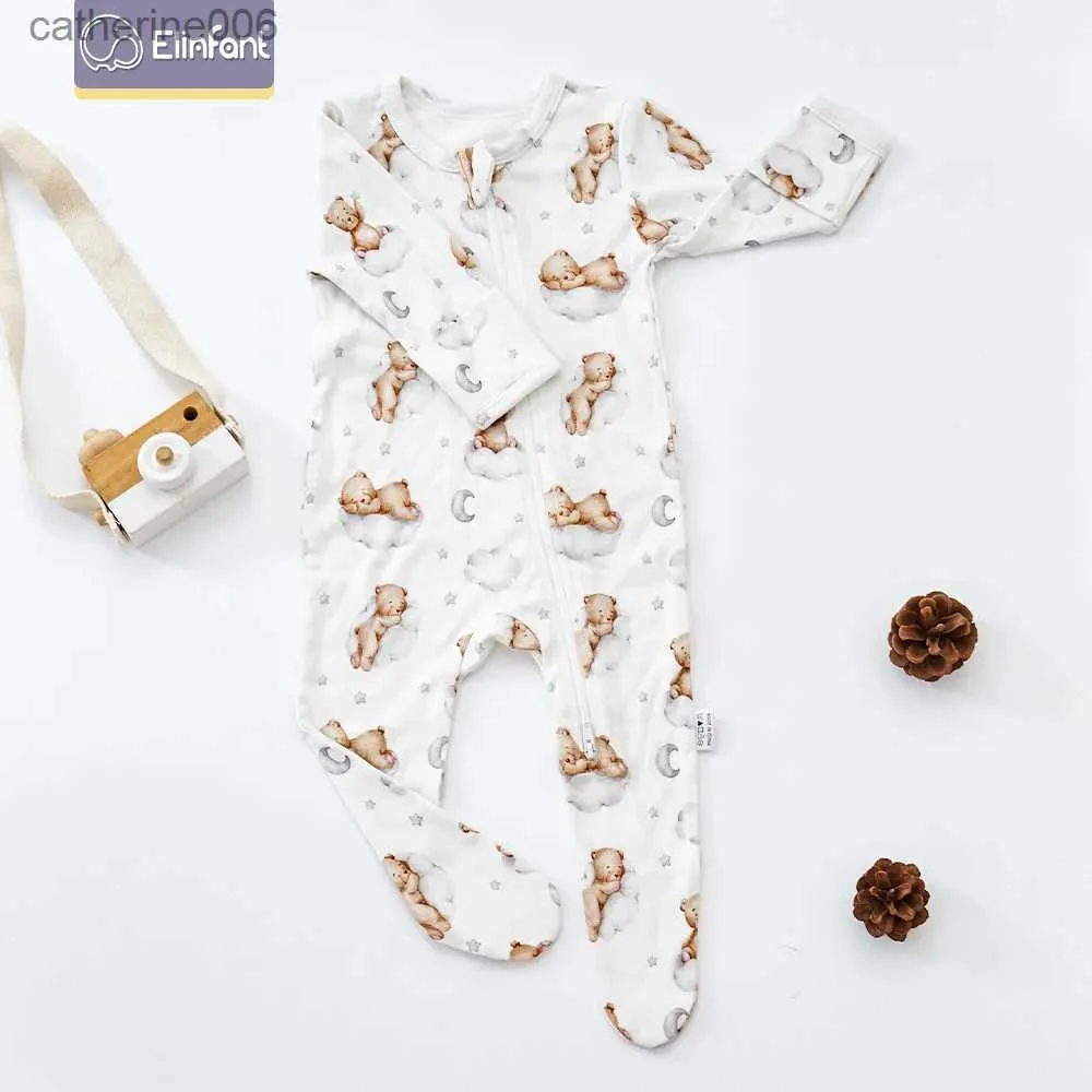 Combinaisons Elinfant Combinaison Bambou Coton Bébé Pyjamas Longue Conception Infantile Bébé Pied Barboteuse SalopetteL231101