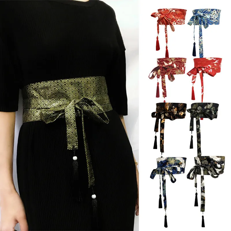 Roupas étnicas japonesas tradicionais quimono cinturão feminino coreso borla blue onda padrão yukata guindaste haori obi cintura asiática s 2303331