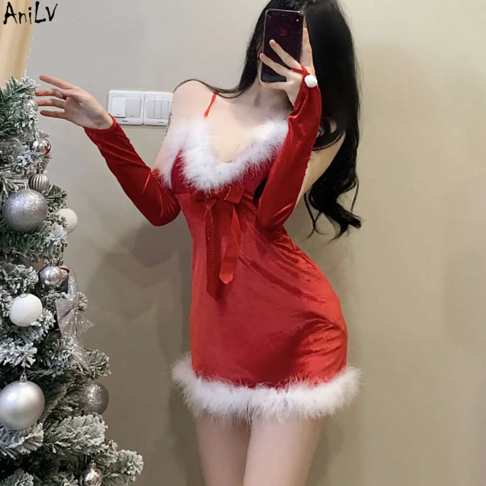 Ani nuit de noël femmes rouge Veet dos nu chemise de nuit père noël fourrure robe uniforme tenues Cosplay Costumes cosplay