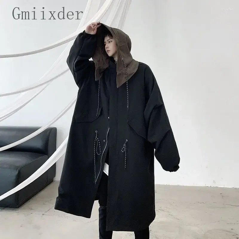 Dark Black Trench Coat: Mid Length Punk Hooded Jacket For Dark Black Trench Coat: Mid Length Punk Hooded Jacket For