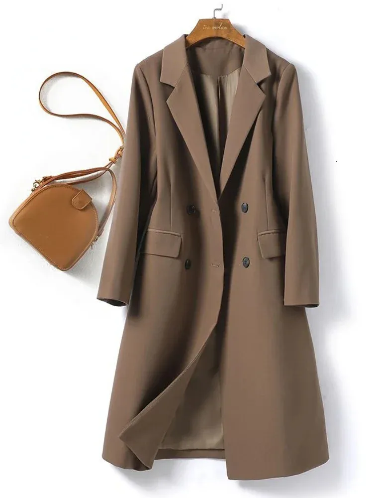 Trench Coat for Women Suit Collar Double-breasted Solid Color Long Coat  Elegance Office Lady Jackets Autumn Winter Clothes Women