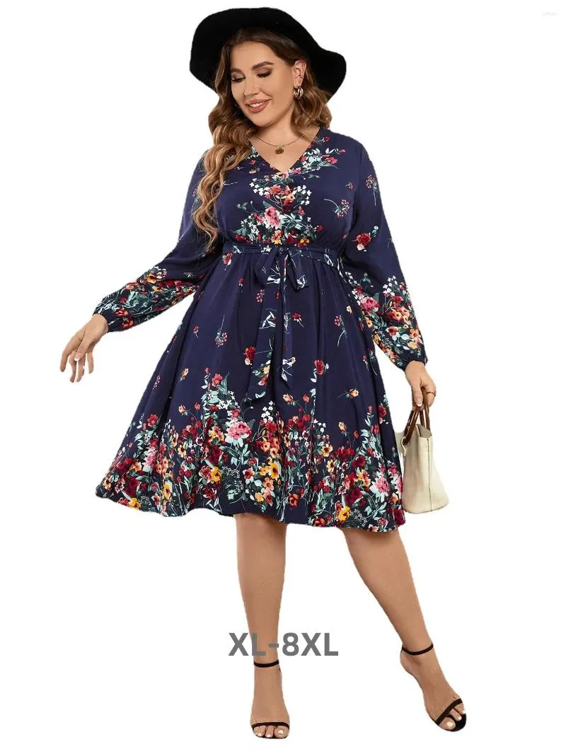 Plus size vestidos elegante vestido longo manga floral com decote em v para feminino 3xl 4xl 5xl 6xl