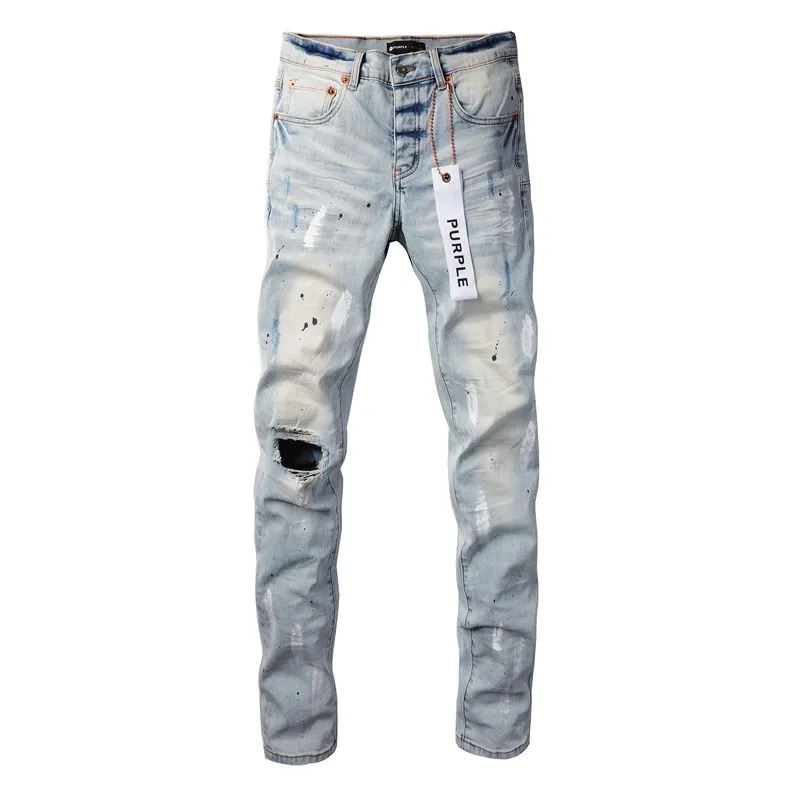 Mens Jeans Purple Brand Mens High Street Blue Broken Hole Denim