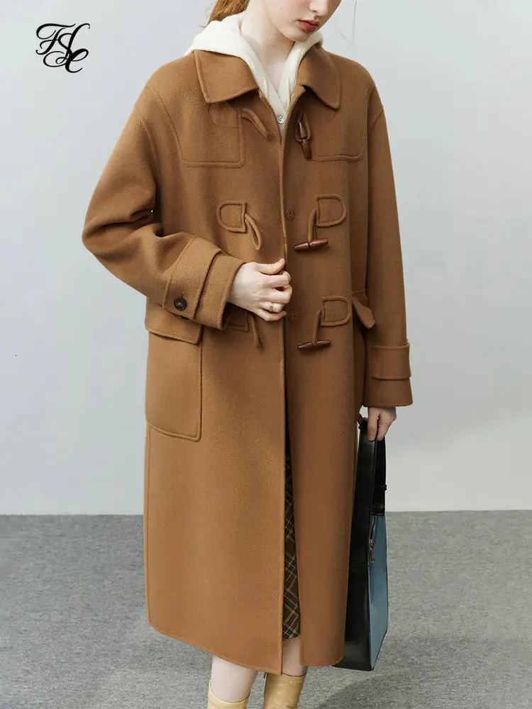 Women's Wool Blends FSLE 100% Wool Double-sided Woolen Horn Button Coat Temperament Camel Mid Length Straight Coat Office Lady Polo Neck Wool Jacket 231031