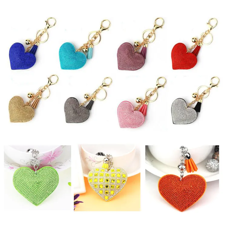 Porte-clés avec pompon en forme de cœur en cristal coloré, accessoires de mode, breloques, décoration, cadeau de fête