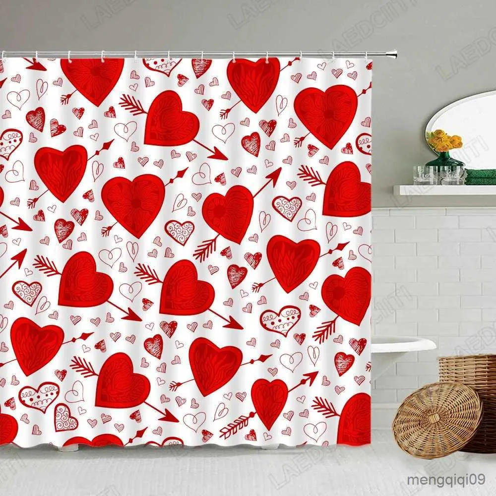 Duschgardiner Alla hjärtans dag Duschgardiner Creative Red Heart Mönster Modern kvinna Girl Valentines Gift Tyg Hem Badrum Dekoration Set R231101