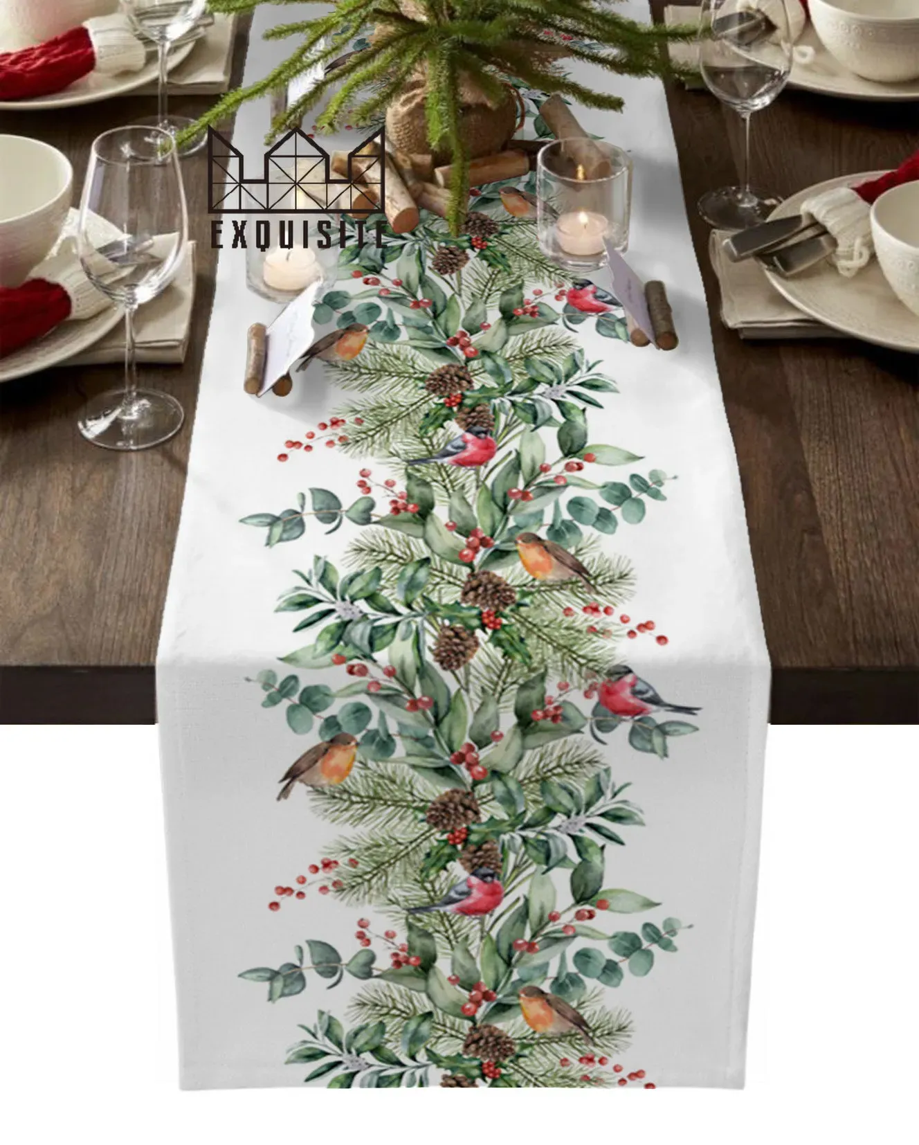 Tafelloper Kerst Eucalyptus Spar Robin Kerst Home Decor Tafelloper Bruiloft Decoratie Tafelkleed Keuken Tafellopers 231101