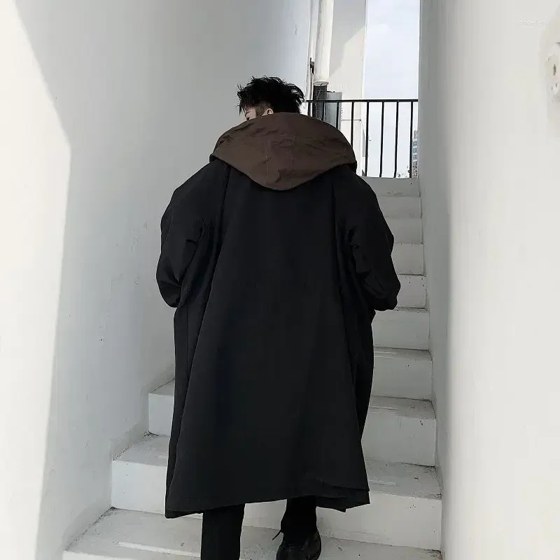 Dark Black Trench Coat: Mid Length Punk Hooded Jacket For