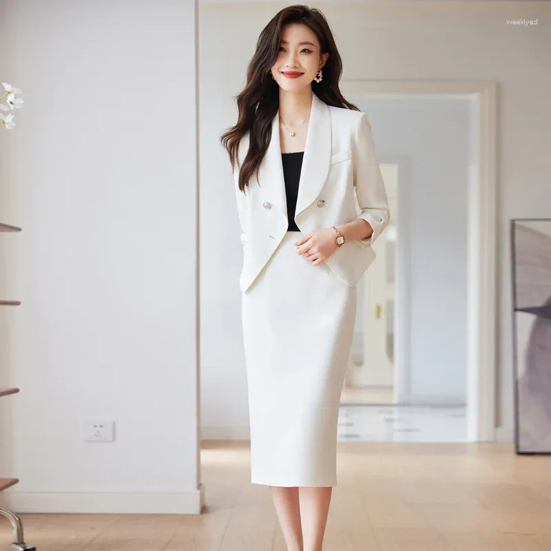 Tvådelad klädkvinnas kostym 2023 i koreansk modejacka blyerts kjolar tweed eleganta kontor damer formella 2 stycken set