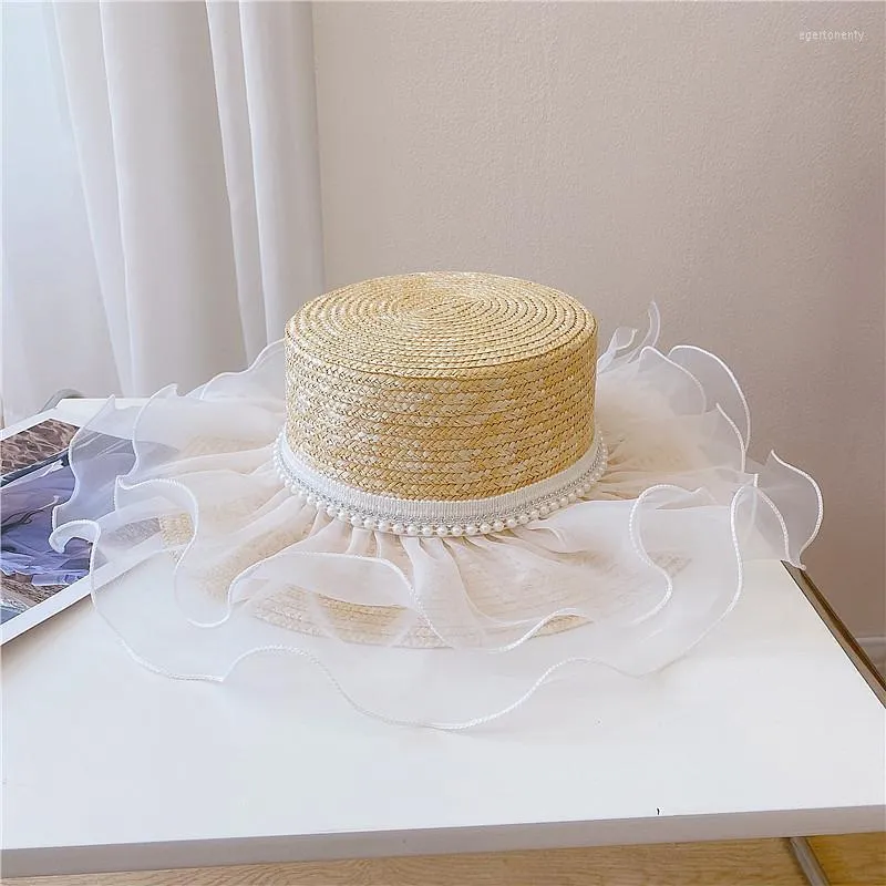 Wide Brim Hats OMEA Wheat Straw Hat Beach Summer Pearl Hemming Double Layers White Gauze Lace Elegant Korean Fashion Visor Luxury Cap Eger22