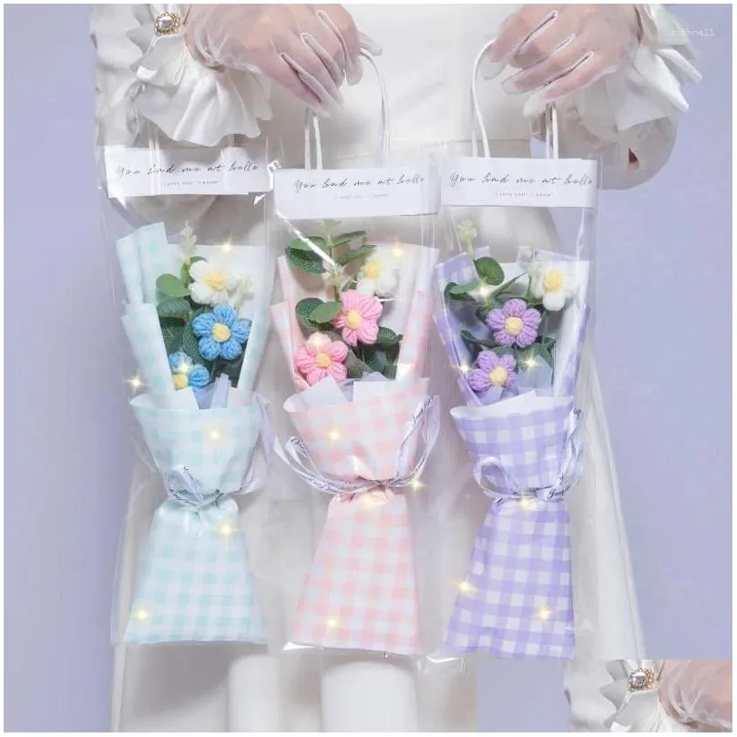 Decorative Flowers Wreaths Decorative Flowers 1Pc Led Light String Set Artificial Flower Milk Cotton Hand-Knitted Cloghet Bouquet Pv Dhghe