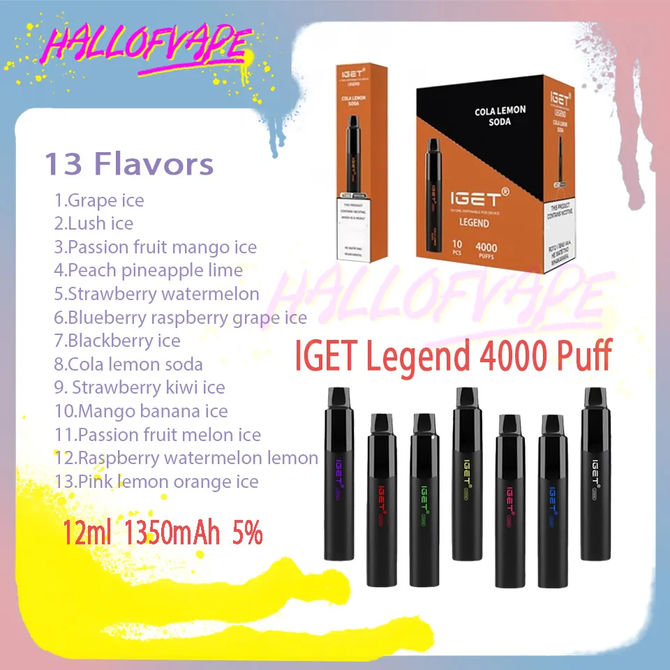 Original Iget Legend 4000 Puff Disposable Vape Pen 5% Nivå 14 ml Mesh Coil 1500mAh Bettery 13 Flavors E Cigaretter Puffs 4K