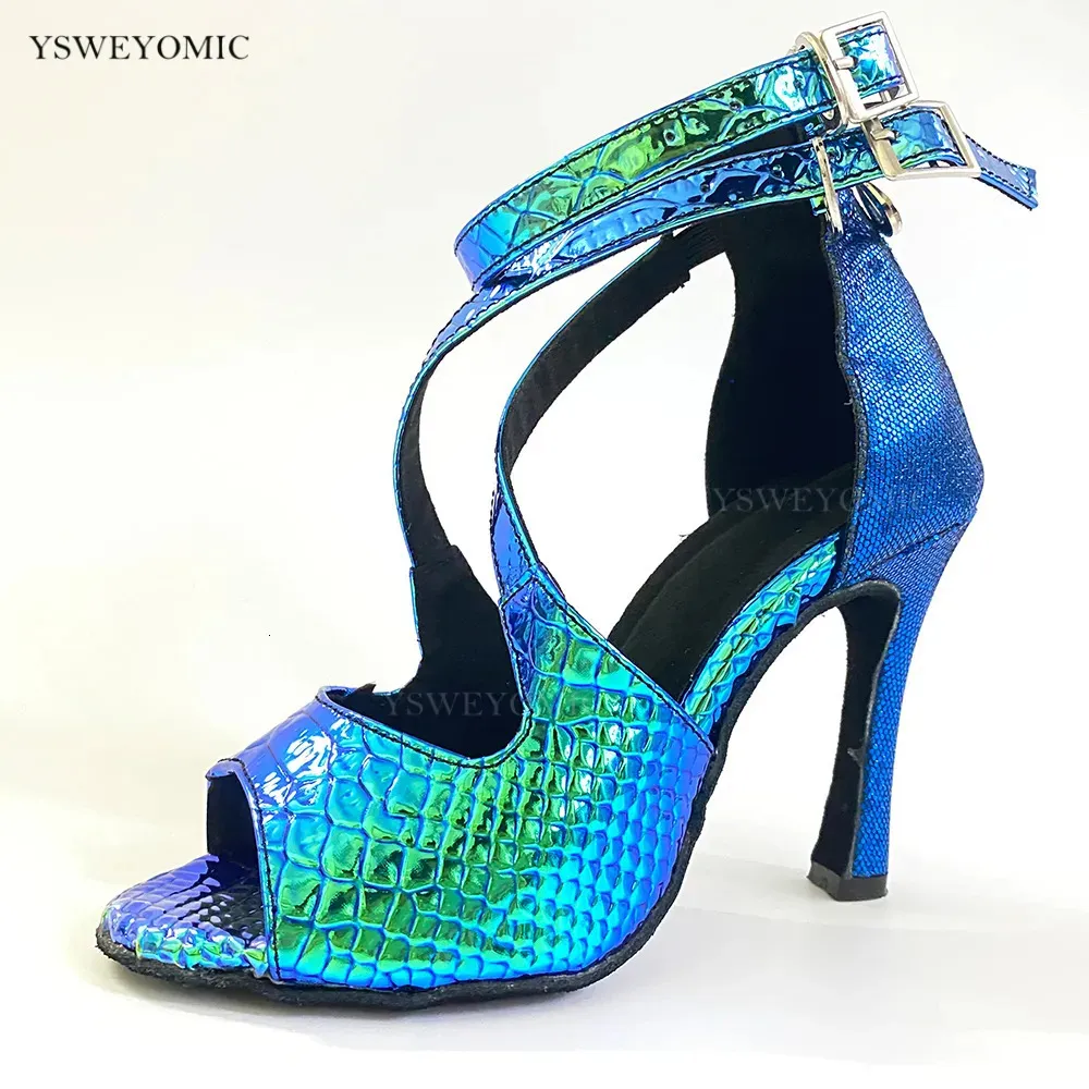 Dance Shoes YSWEYOMIC Latin Salsa Dance Shoes 10cm Cuban Heel Blue Laser PU and Glitter Blue Latin Women Salsa Shoes Party Dance Shoes 231101