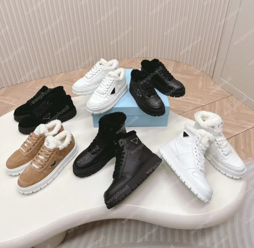 Chaussures de créateurs Femmes Shearling Baskets montantes Automne Hiver Plateforme Rembourrée Nappa Sneakes Laine de luxe Chaud Daim À Lacets Downtown Nylon Daim Sneaker Taille 35-41