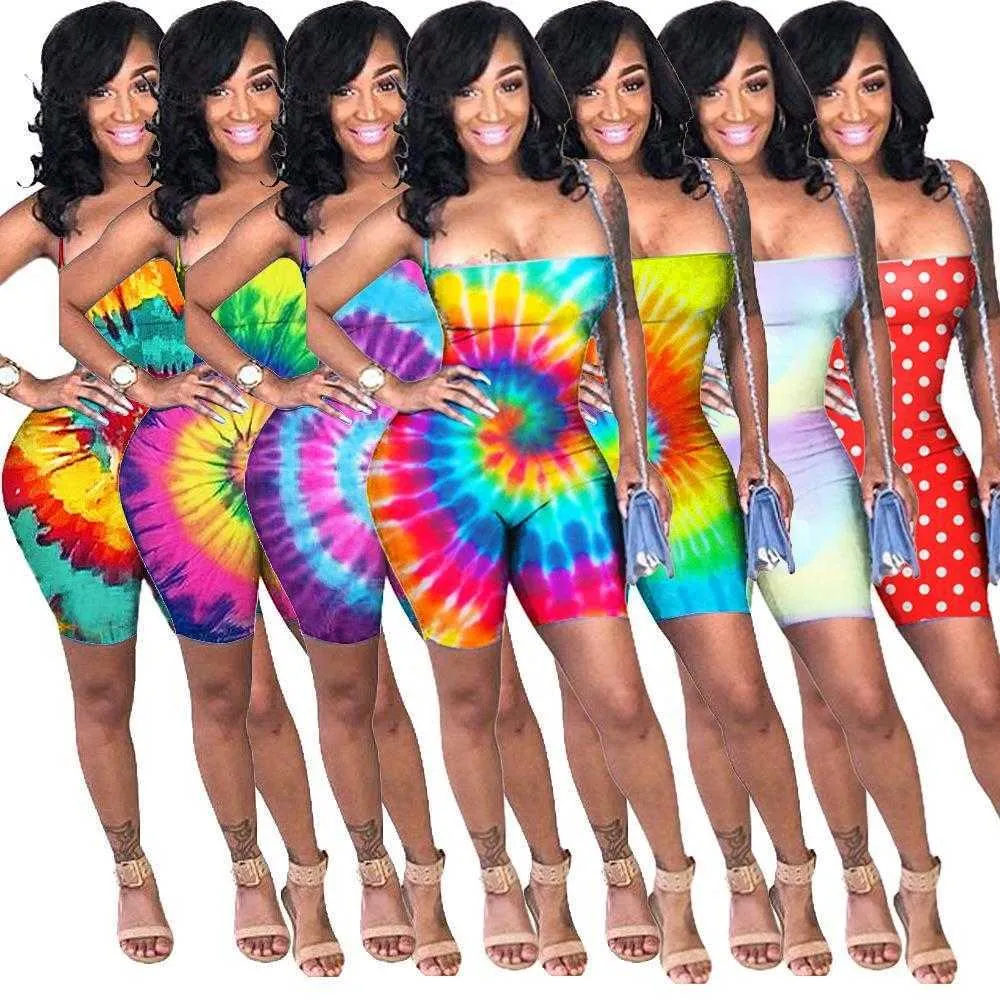 Womens Multi Rompers Color Tie Dye Rainbow Polka Dot Strap Backless Sexy Jumpsuit