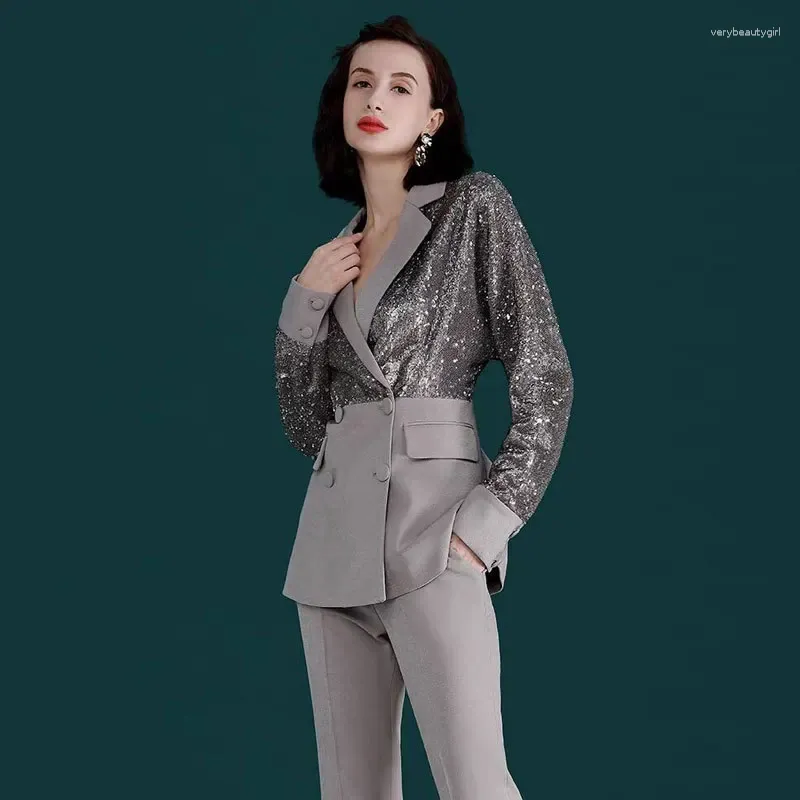 Kadınlar İki Parçalı Pantolon Elbise Seti Bahar 2023 Lüks ve Zarif Profesyonel Formal Çarpıcı Gevşek Sequin Suit Akşam Özel Top