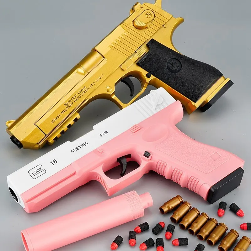 Gold Desert Eagle Pistol Outdoor Shoot Games Toys Gun Shell Real Chepting Reshowing Guns Bullets Bullets Gift S2033