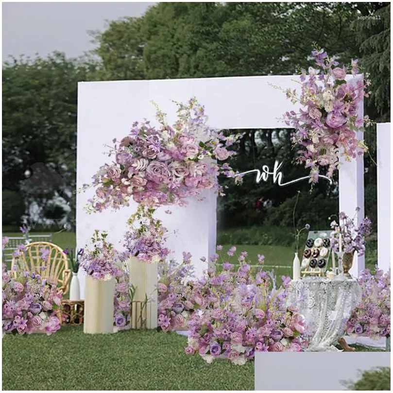 Couronnes de fleurs décoratives Fleurs décoratives Décoration de mariage violet Arrangement de rangée de fleurs de roses artificielles Scène de simulation T Stag Dh7Lm