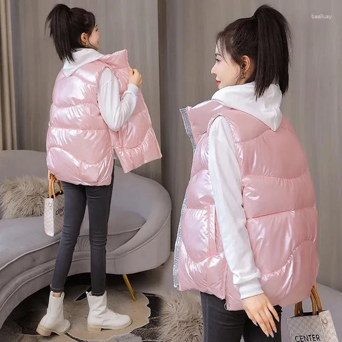 Gilets pour femmes 2023 automne hiver vers le bas coton mince gilet coréen brillant tissu fille extérieure manteau chaud étudiant loisirs rose