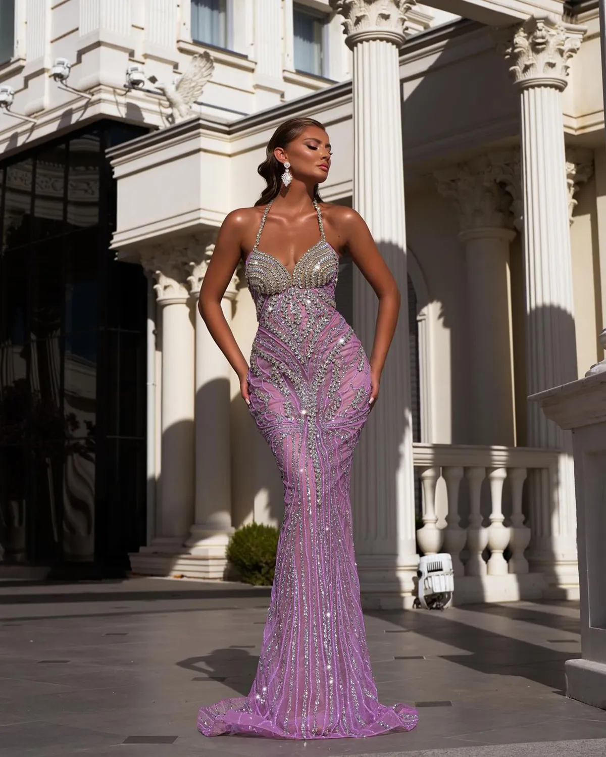 Crystal Halter Mermaid Evening Dresses Sexy Sleeveless Beading Prom Dress Glitter Floor Length Formal Party Gowns