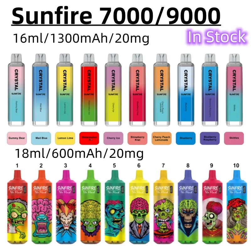 Sunfire Tornado Crystal Puff 12000 12k wegwerp vape e sigaret met 1300 mAh 600 mAh Oplaadbare batterijweergave Mesh Coil 18ml 12000 Tornado 9000 7000 Vapes