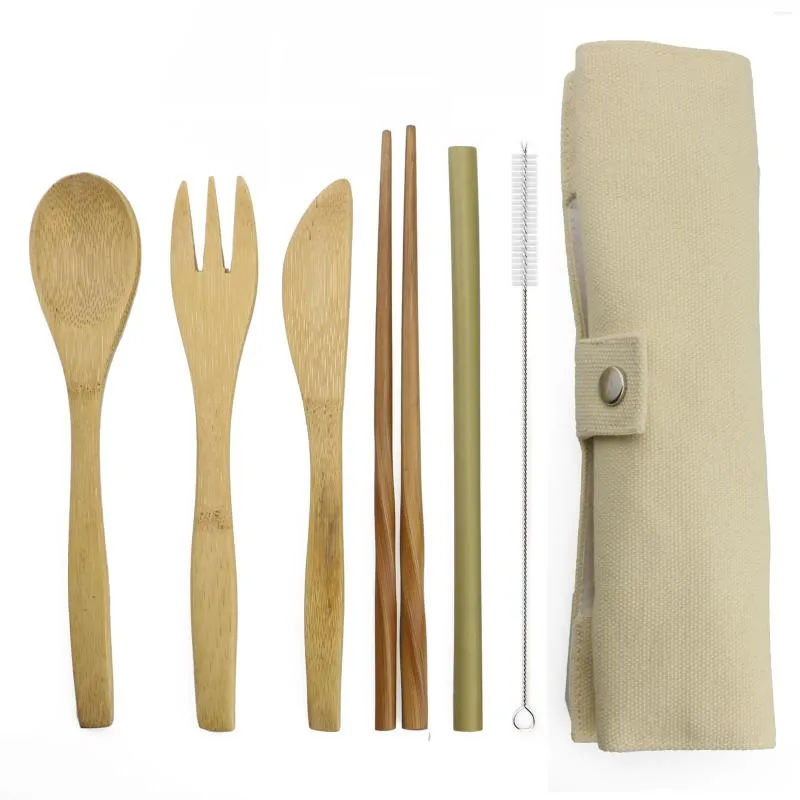 Ensembles de vaisselle Sac beige Ensemble de couverts en bambou 7pc / set avec paille Baguettes Ustensile de cuisine Écologique Voyage Réutilisable Portable Couteau Fourchette