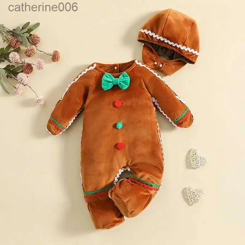 Jumpsuits Newborn Baby Gingerbread Man Rompers + Hat Christmas Lovely Plush Long Sleeve Footed Jumpsuit For Infant Girl Boy CostumeL231101