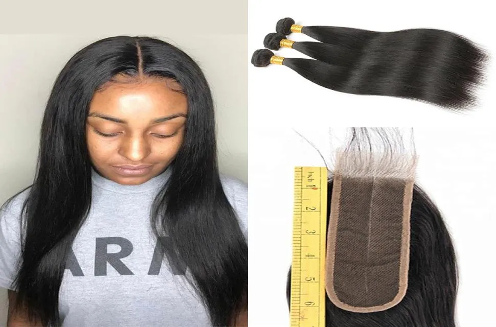 Brazilian Human Hair 3 Bundles With 2x6 Middle Part Lace Closure Cheap Silky Straight 26 Inch Natural Looking Deep Parting Fine C8022731