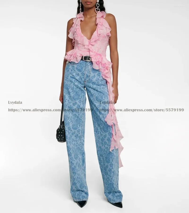 Женские блузки Lvydala, европейская мода, женский топ с абстрактным розовым принтом и открытой спиной, завязанный на талии, топ с лямкой на шее