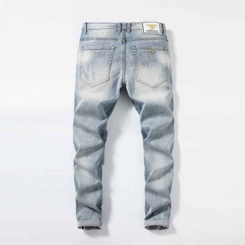 2022 Spring/Summer Men's Jeans Slim Fit Small Feet Mid midja Elastic Casual Water Wash Youth Pants