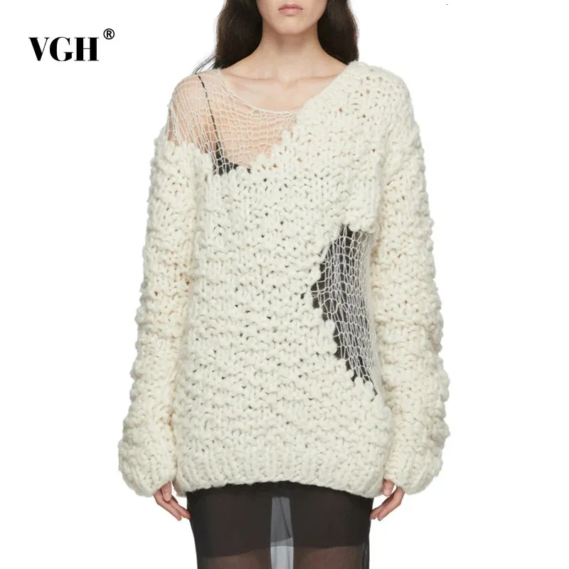 VGH Casual Beige Unregelmäßige Cut Out frauen Pullover Rundhals Langarm Koreanische Mode Lose Pullover Weibliche Herbst 231031