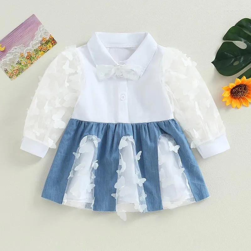 Abiti da ragazza per bambini Abito patchwork in rete per bambini Primavera Autunno Modello a farfalla Manica lunga Risvolto A-Line Principessa velata