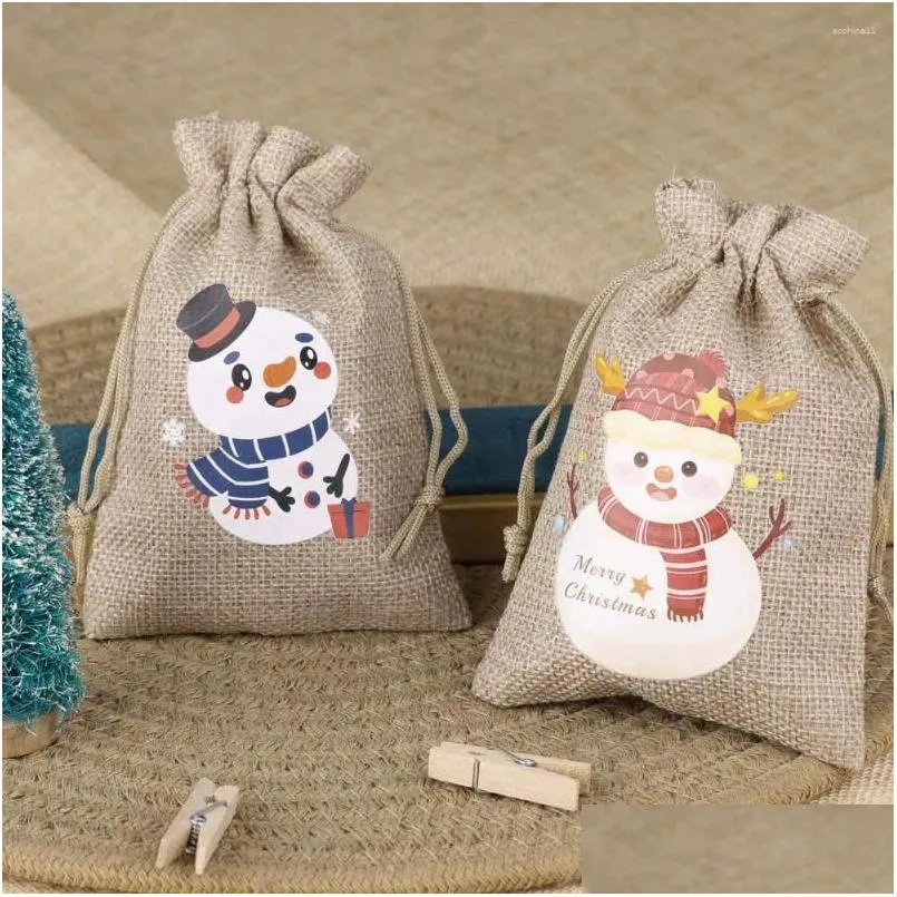 Cadeaupapier Cadeaupapier 10 stks/partij Kerstlinnen Vlas Dstring Tas Kerstman Sneeuwpop Print Jaarfeest Snoep Geschenken Verpakking Zakjes Dr D Dhbw0