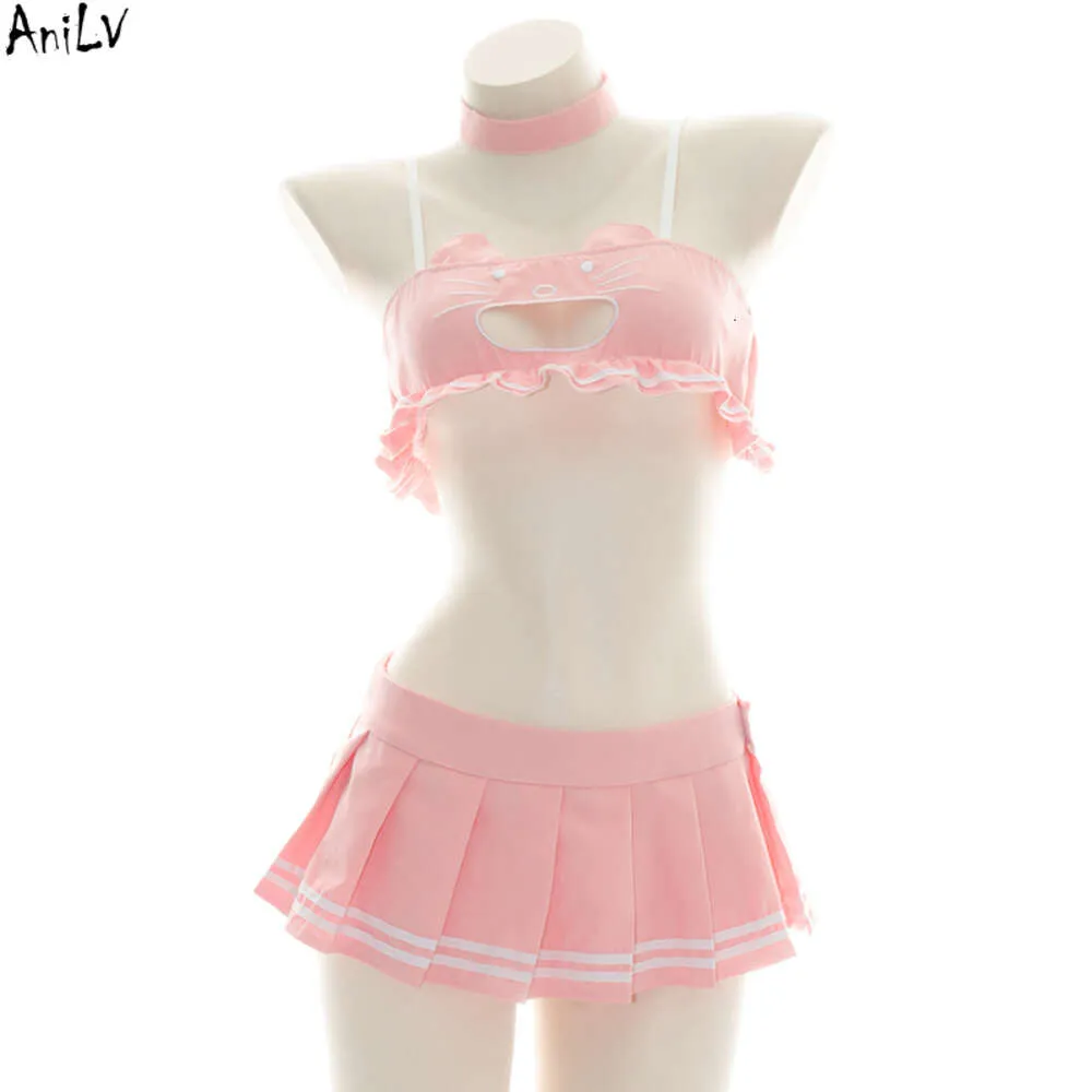 Ani Kawaii – maillot de bain rose chat pour fille, Costume d'été de plage pour étudiantes, poitrine ajourée, ensemble uniforme, fête à la piscine, Cosplay