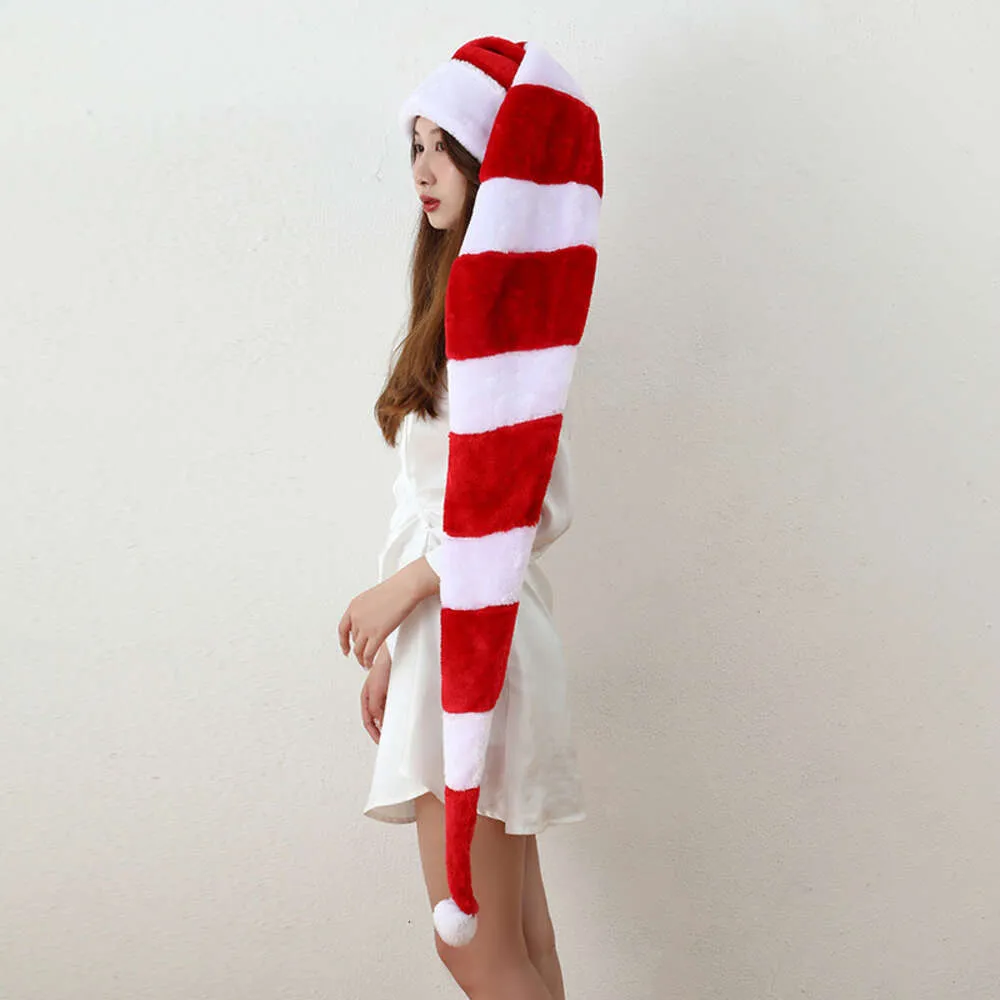 Ani noite de natal papai noel overlength chapéu de pelúcia branco listras vermelhas boné cosplay comprimento 130cm cosplay