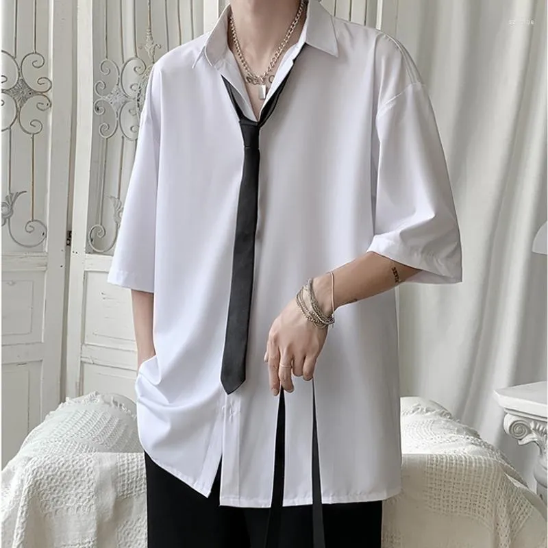 Casual shirts voor heren zomer Koreaanse mode draperen voor mannen korte mouw comfortabele knoop omhoog blouse wit zwart grijs