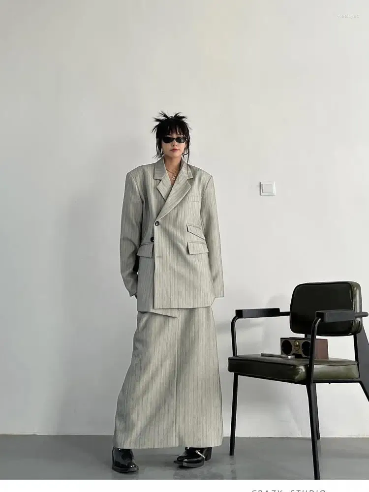 Two Piece Dress Autumn Profession Set Women Gray Stripe Suit Coat And High Waist Straight Long Skirt Korean Beige Office Lady Y2k