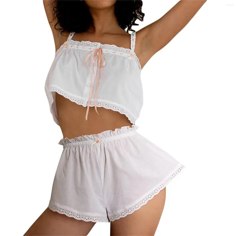 Vêtements de nuit pour femmes Hirigin été 2 pièces ensembles de pyjama femmes cravate sans manches camisoles dentelle fronde débardeurs taille élastique lâche Shorts costume