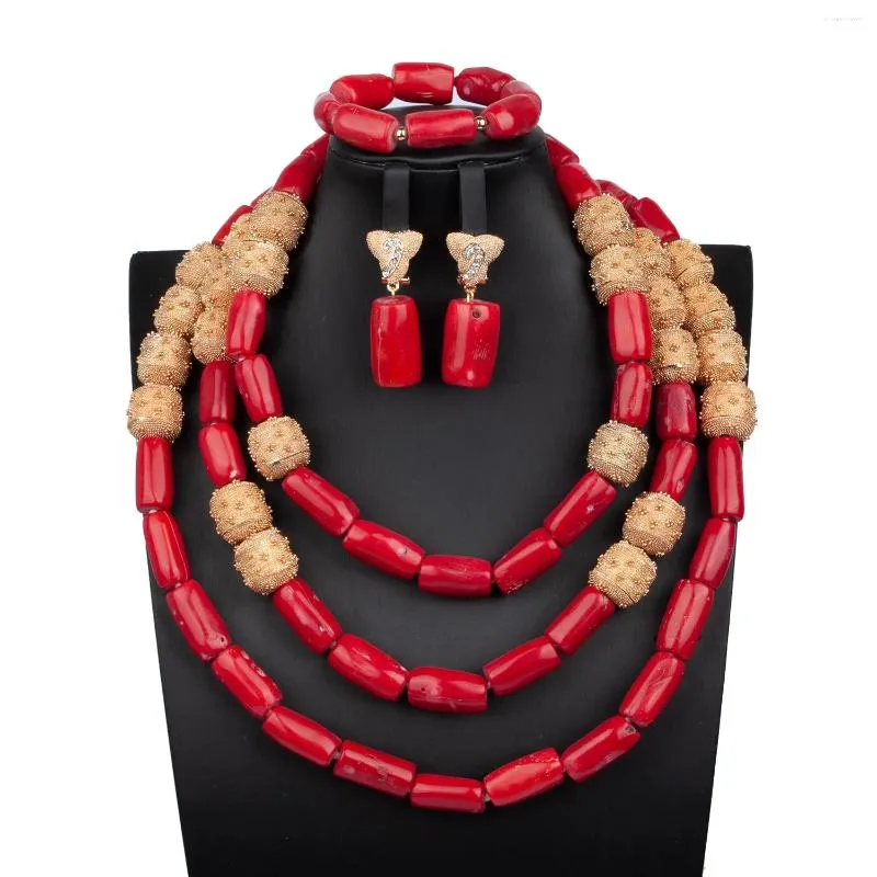 Necklace Earrings Set African Golden Bead Cylinder Coral Beads Original Dark Red Fashion Handmade Jewelry For Women Bride Wedding