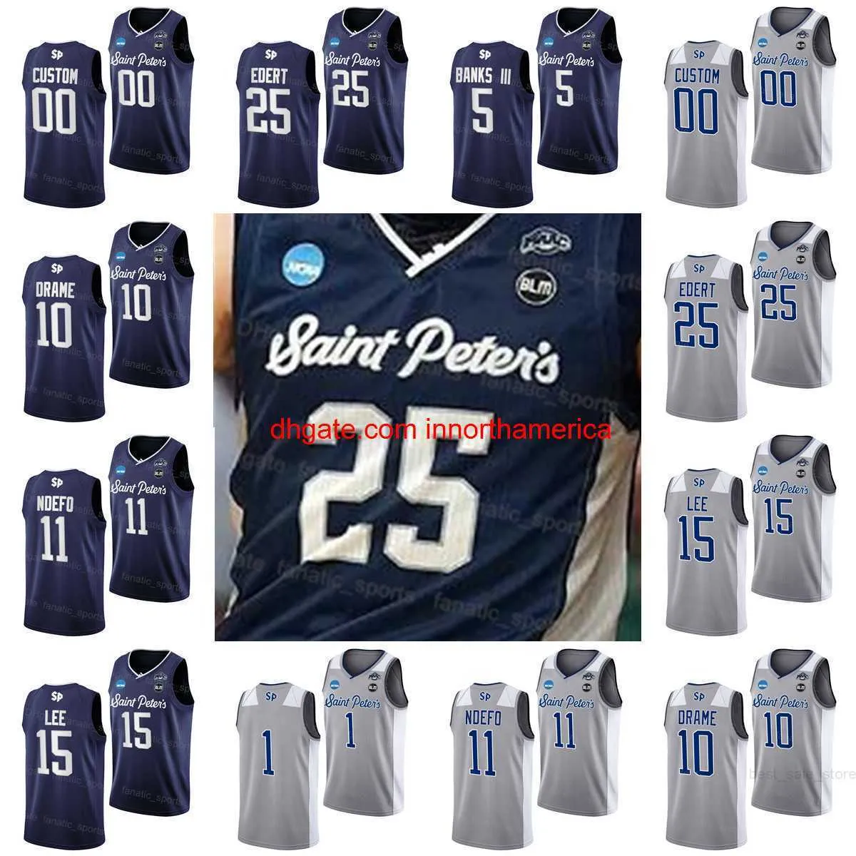 NCAA College 25 Doug Edert Jerseys Saint Peter's Peacocks Basketball 11 KC NDEFO 15 Matthew Lee 10 Fousseyni Drame 14 Hassan Drame 5 Daryl Banks III Drużyna