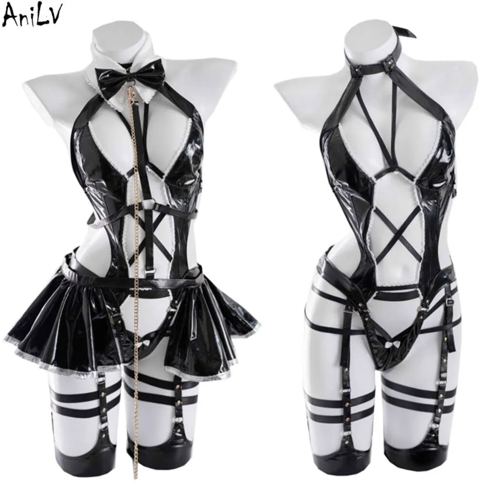 Ani 2022 Anime Mädchen Gruppe Leder Body Kleid Unifrom Frauen Cross Strap Bandage Maid Outfits Kostüme Cosplay Cosplay