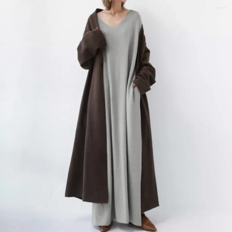 Casual Dresses 2023 Large Size Dress Fall Fashion Ladies V Neck Long Sleeve Pocket Simple Knit Swing Loose