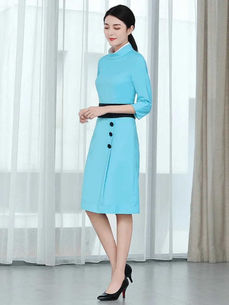 Flight Attendant Uniform Dress for Women Blue Knee-Length Spandex Crew Neck 3/4 Sleeve from Dhgate Work Dresses